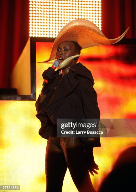 Singer Grace Jones performs during the 18th Annual Elton John AIDS Foundation Academy Award Party at Pacific Design Center on March 7, 2010 in West...