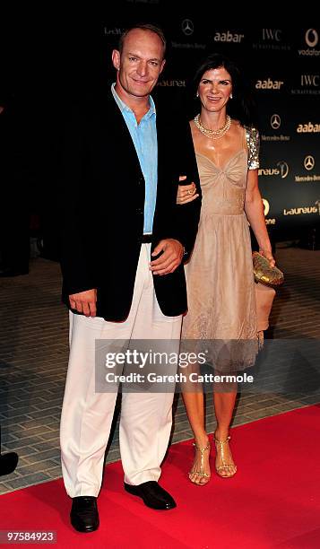 Francois Pienaar and his wife Nerine Winter attends the Laureus Welcome Party part of the Laureus Sports Awards 2010 at the Fairmount Hotel on March...