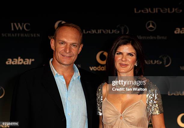 Francois Pienaar and wife Nerine Winter attend the Laureus Welcome Party part of the Laureus Sports Awards 2010 at the Fairmount Hotel on March...