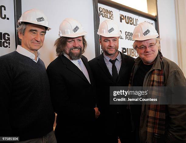 Actors Sam Waterston, Artisitic Director of the Public Theater Oskar Eustis, actor Liev Schreiber and actor Philip Seymour Hoffman at the Public...