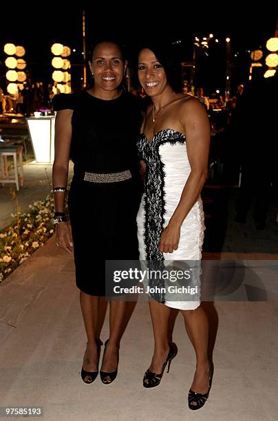 Kelly Holmes and Cathy Freeman attend the Laureus Welcome Party part of the Laureus Sports Awards 2010 at the Fairmount Hotel on March 9, 2010 in Abu...