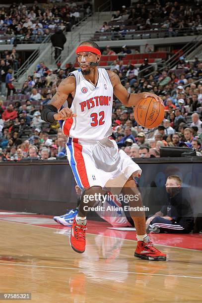 Richard Hamilton of the Detroit Pistons handles the ball against the Houston Rockets during the game on March 7, 2010 at The Palace of Auburn Hills...