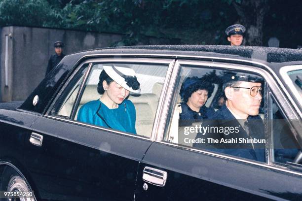 Crown Princess Michiko is seen on departure at the Akasaka Palace as he attend the Autumn Festival on behalf of Emperor Hirohito on September 23,...