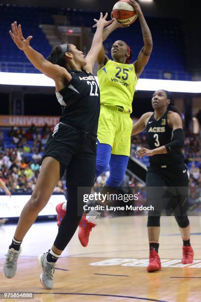 Glory Johnson of the Dallas Wings shoots the ball against the Las Vegas Aces on June 15, 2018 at College Park Center in Arlington, Texas. NOTE TO...