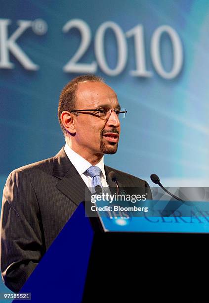 Khalid al-Falih, chief executive officer of Saudi Arabian Oil Co., also known as Saudi Aramco, speaks at the 2010 CERAWEEK conference in Houston,...
