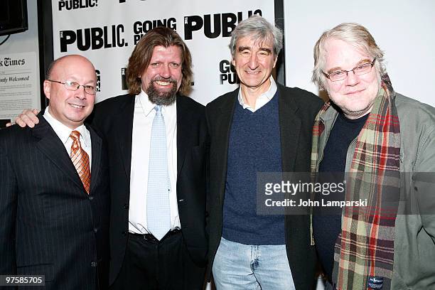 Andrew D. Hamingson, Oskar Eustis, Sam Waterston and Philip Seymour Hoffman attend the Public Theater Capital Campaign launch and building...