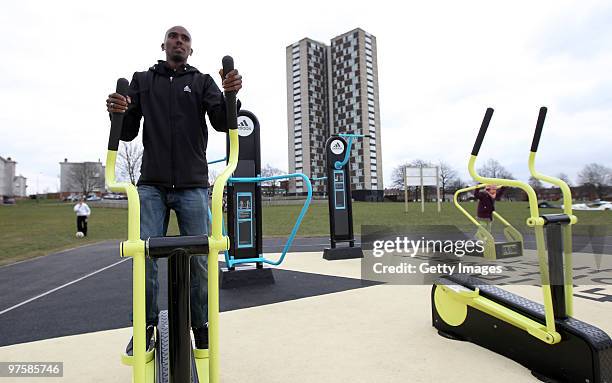 Athlete Mo Farah tries out the equipment during the opening of the adiZone at Mansel Park on March 9 2010 in Southampton, England. AdiZones are...