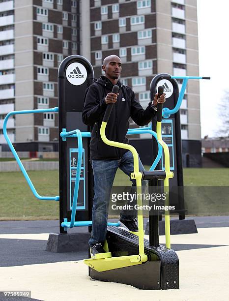 Athlete Mo Farah tries out the equipment during the opening of the adiZone at Mansel Park on March 9 2010 in Southampton, England. AdiZones are...