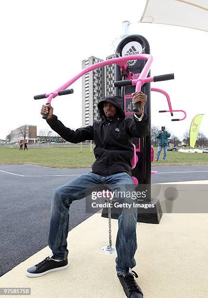 Athlete Mo Farah tries out the equipment during the opening of the adiZone at Mansel Park on March 9 2010 in Southampton, England. AdiZones are...