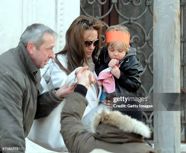 Angelina Jolie and daugther Shiloh depart Palazzo Contarini Poligna on March 7, 2010 in Venice, Italy.