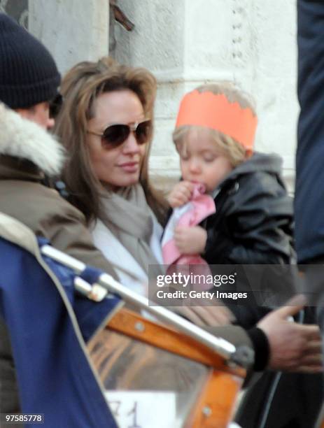 Angelina Jolie and daugther Shiloh depart Palazzo Contarini Polignac on March 7, 2010 in Venice, Italy.