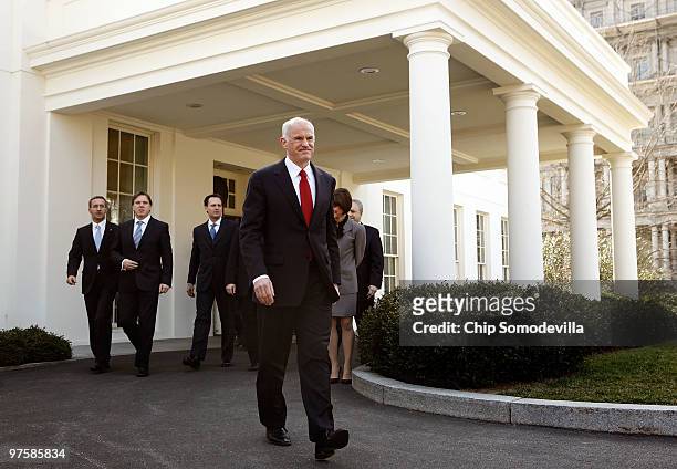 Greek Prime Minister George Papandreou walks out of the West Wing after a meeting at the White House March 9, 2010 in Washington, DC. Papandreou met...