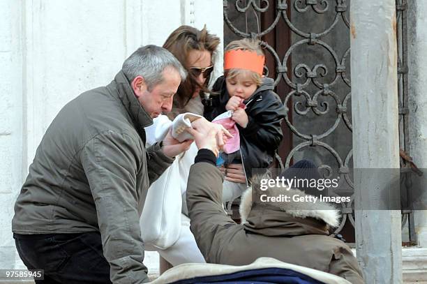 Angelina Jolie and daugther Shiloh depart Palazzo Contarini Polignac on March 7, 2010 in Venice, Italy.