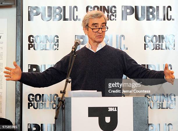 Actor Sam Waterston speaks at the Public Theater Capital Campaign building renovations kick off at The Public Theater on March 9, 2010 in New York...