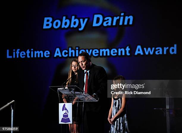 Alexa Darin, Dodd Darin and Olivia Darin accept the Lifetime Achievement Award on behalf of the late Bobby Darin at the Special Merit Awards and...