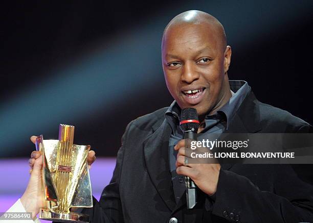 French rap singer Oxmo Puccino gives a speech after receiving the award for best urban music album of the year for "L'Arme de paix" during the 25th...