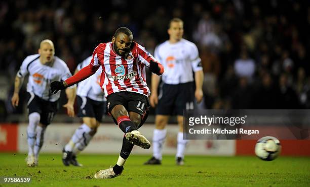 Darren Bent of Sunderland scores a penalty to make it 3-0 during the Barclays Premier League match between Sunderland and Bolton Wanderers at the...