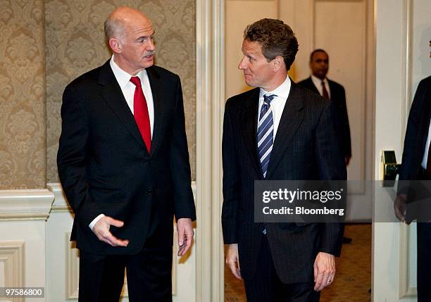 George Papandreou, prime minister of Greece, left, talks with Timothy Geithner, U.S. Treasury secretary, in Washington, D.C., U.S., on Tuesday, March...