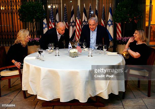 Vice President Joe Biden, his wife, Jill , Israel's Prime Minister Benjamin Netanyahu and his wife Sara sit down for a dinner at the Prime Minister's...