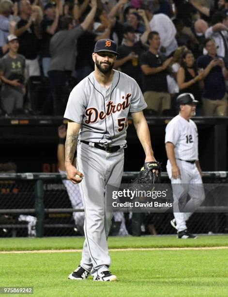 Mike Fiers of the Detroit Tigers reacts after giving up a there-run homer to Omar Narvaez of the Chicago White Sox during the sixth inning on June...