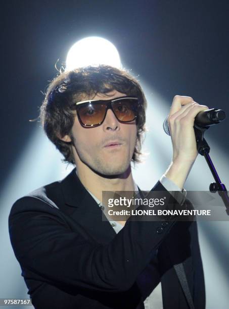 French singer of pop rock music band "Pony Pony Run Run", Gaetan performs on stage prior to receive the award for popular revelation of the year...