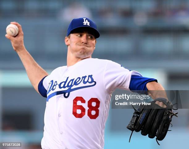 Ross Stripling of the Los Angeles Dodgers pitches to the San Francisco Giants during the first inning at Dodger Stadium on June 15, 2018 in Los...