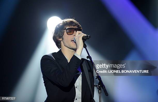 French singer of pop rock music band "Pony Pony Run Run", Gaetan performs on stage prior to receive the award for popular revelation of the year...