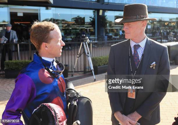 Kerrin McEvoy talks to Trainer Danny Williams after winning race 3 on My Blue Jeans during Sydney racing at Rosehill Gardens on June 16, 2018 in...