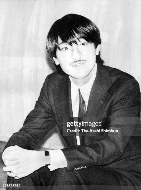 Prince Fumihito speaks during a press conference ahead of his graduation of Gakushuin University at the Akasaka Palace on March 1, 1988 in Tokyo,...