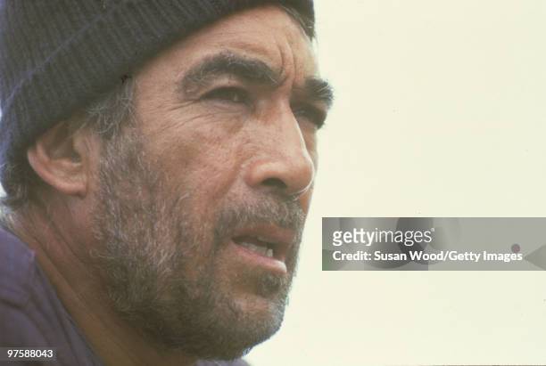 Close-up of actor Anthony Quinn , wearing a sailor's knit hat, ca.1960s.