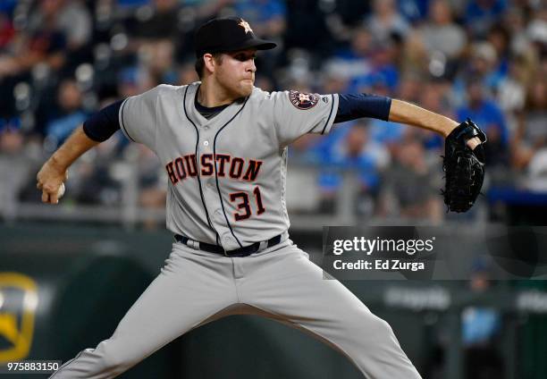 Collin McHugh of the Houston Astros throws in the ninth inning aKansas City Royals at Kauffman Stadium on June 15, 2018 in Kansas City, Missouri.