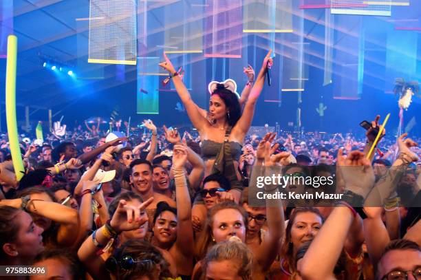 Fans react as Cheat Codes performs on the Pavillion stage during the 2018 Firefly Music Festival on June 15, 2018 in Dover, Delaware.