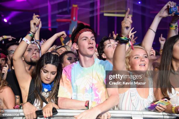 Fans react as Cheat Codes performs on the Pavillion stage during the 2018 Firefly Music Festival on June 15, 2018 in Dover, Delaware.