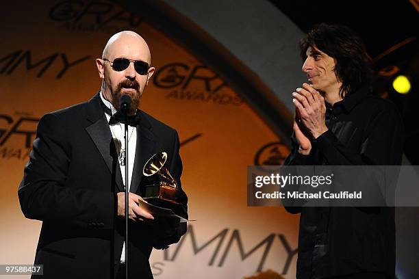 Musicians Rob Halford and Scott Travis of Judas Priest receive an award at the 52nd Annual GRAMMY Awards pre-telecast held at Staples Center on...