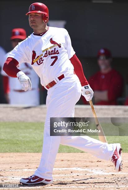 Matt Holliday of the St. Louis Cardinals bats against the Florida Marlins at Roger Dean Stadium on March 6, 2010 in Jupiter, Florida.
