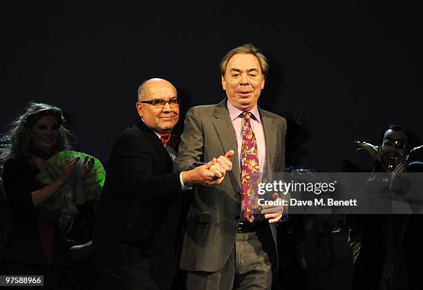 Director Jack O'Brien and Andrew Lloyd Webber stand on stage during the world premiere of "Love Never Dies" at the Adelphi Theatre on March 9, 2010...