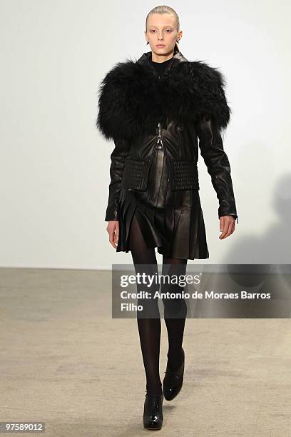 Model walks the runway during the Thierry Mugler Ready to Wear show as part of the Paris Womenswear Fashion Week Fall/Winter 2011 at Palais De Tokyo...