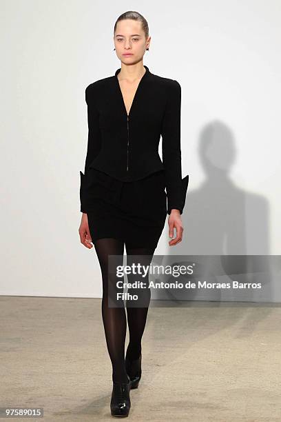 Model walks the runway during the Thierry Mugler Ready to Wear show as part of the Paris Womenswear Fashion Week Fall/Winter 2011 at Palais De Tokyo...