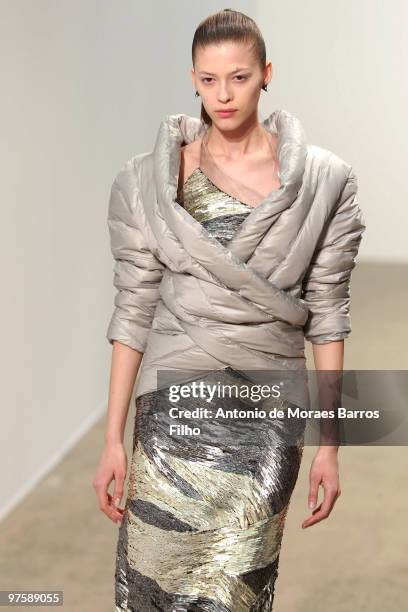 Model walks the runway during the Thierry Mugler Ready to Wear show as part of the Paris Womenswear Fashion Week Fall/Winter 2011 at Palais De Tokyo...