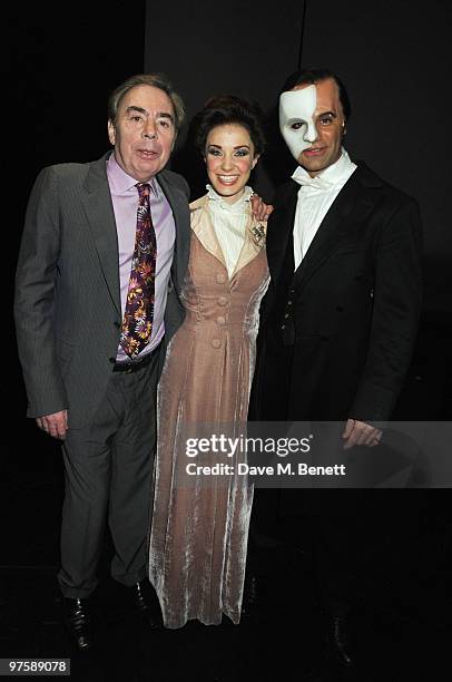 Andrew Lloyd Webber with Sierra Boggess and Ramin Karimloo pose backstage following the world premiere of "Love Never Dies" at the Adelphi Theatre on...