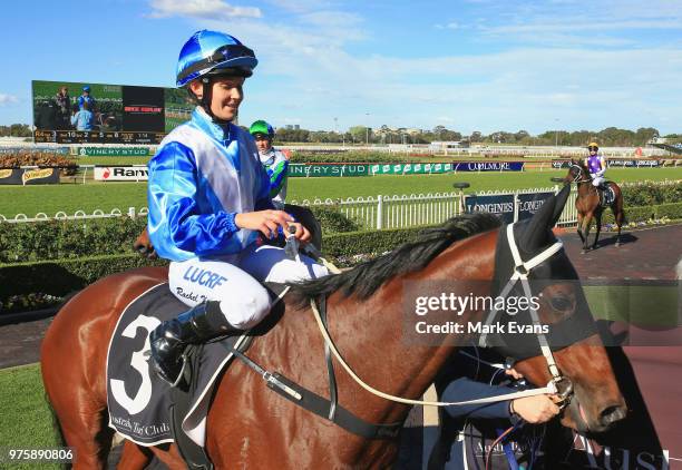 Rachel King on La Chica Bella returns to scale after winning race 4 during Sydney racing at Rosehill Gardens on June 16, 2018 in Sydney, Australia.