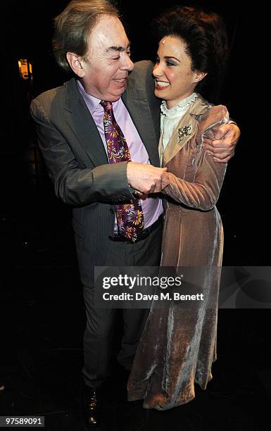 Andrew Lloyd Webber and Sierra Boggess embrace backstage following the world premiere of "Love Never Dies" at the Adelphi Theatre on March 9, 2010 in...