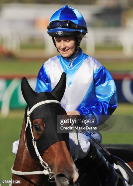 Rachel King on La Chica Bella returns to scale after winning race 4 during Sydney racing at Rosehill Gardens on June 16, 2018 in Sydney, Australia.