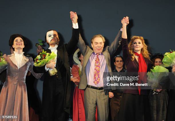 Sierra Boggess and Ramin Karimloo with Andrew Lloyd Webber on stage during the world premiere of "Love Never Dies" at the Adelphi Theatre on March 9,...