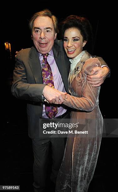 Andrew Lloyd Webber and Sierra Boggess embrace backstage following the world premiere of "Love Never Dies" at the Adelphi Theatre on March 9, 2010 in...