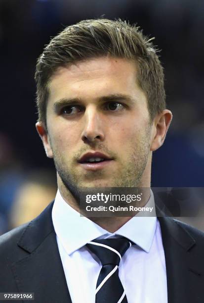 Marc Murphy of the Blues looks on during the round 13 AFL match between the Carlton Blues and the Fremantle Dockers at Etihad Stadium on June 16,...