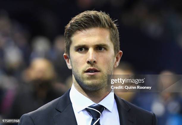 Marc Murphy of the Blues looks on during the round 13 AFL match between the Carlton Blues and the Fremantle Dockers at Etihad Stadium on June 16,...