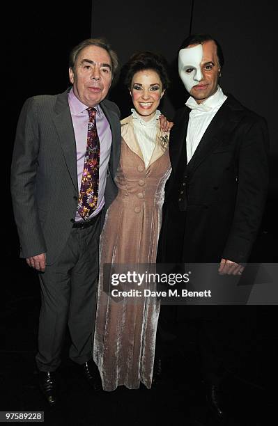 Andrew Lloyd Webber, Sierra Boggess and Ramin Karimloo pose backstage following the world premiere of "Love Never Dies" at the Adelphi Theatre on...