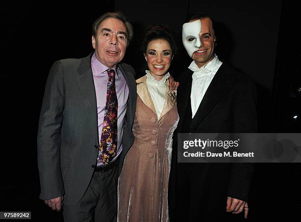Andrew Lloyd Webber with Sierra Boggess and Ramin Karimloo pose backstage following the world premiere of "Love Never Dies" at the Adelphi Theatre on...