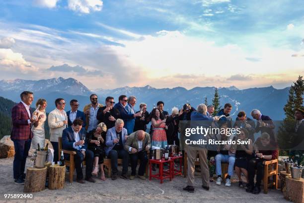 Chef Jacques Pepin sprays champagne during the FOOD & WINE 36th annual FOOD & WINE Classic in Aspen at the top of Aspen Mountain on June 15, 2018 in...